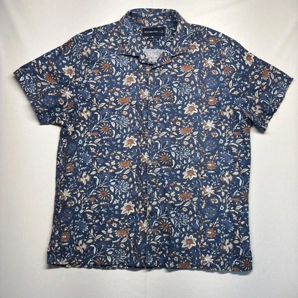 Abercrombie & Fitch Mens XL Blue Floral Linen Blend Short Sleeve Button Up Shirt - Picture 2 of 6